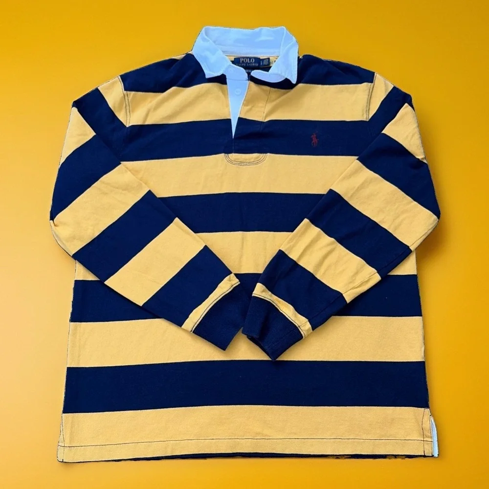 Polo Ralph Lauren XL Striped Rugby Polo Shirt Navy Yellow Long Sleeve Cotton